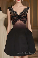 Sexy A Line V Neckline Satin Lace Vacation Dresses Short Birthday Dresses